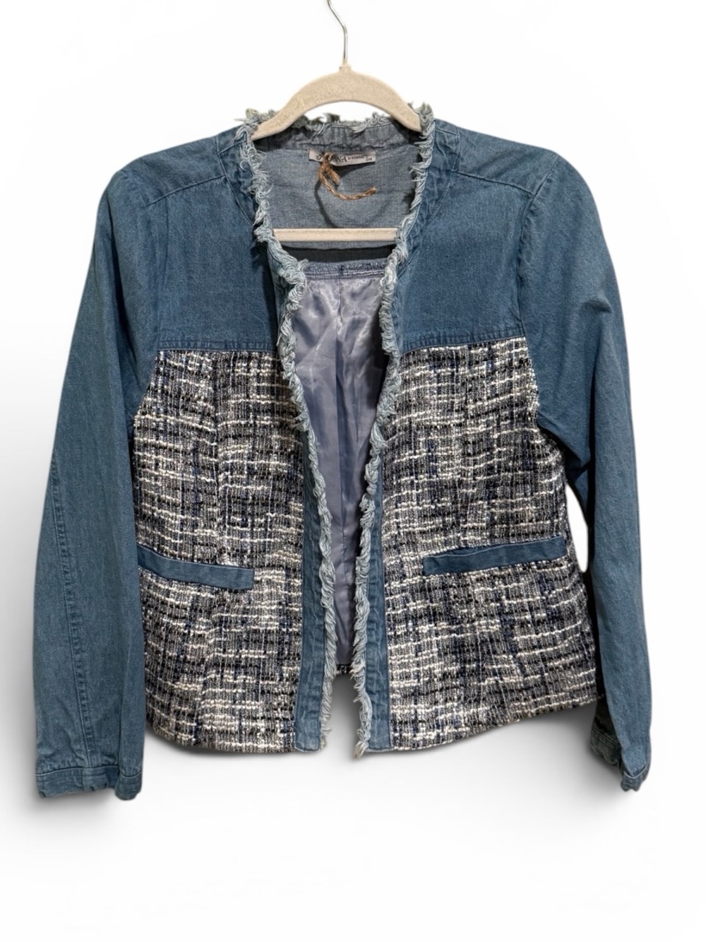 Coastal Frayed Edge Denim & Tweed Open-Front Jacket - Blue - Size S/M